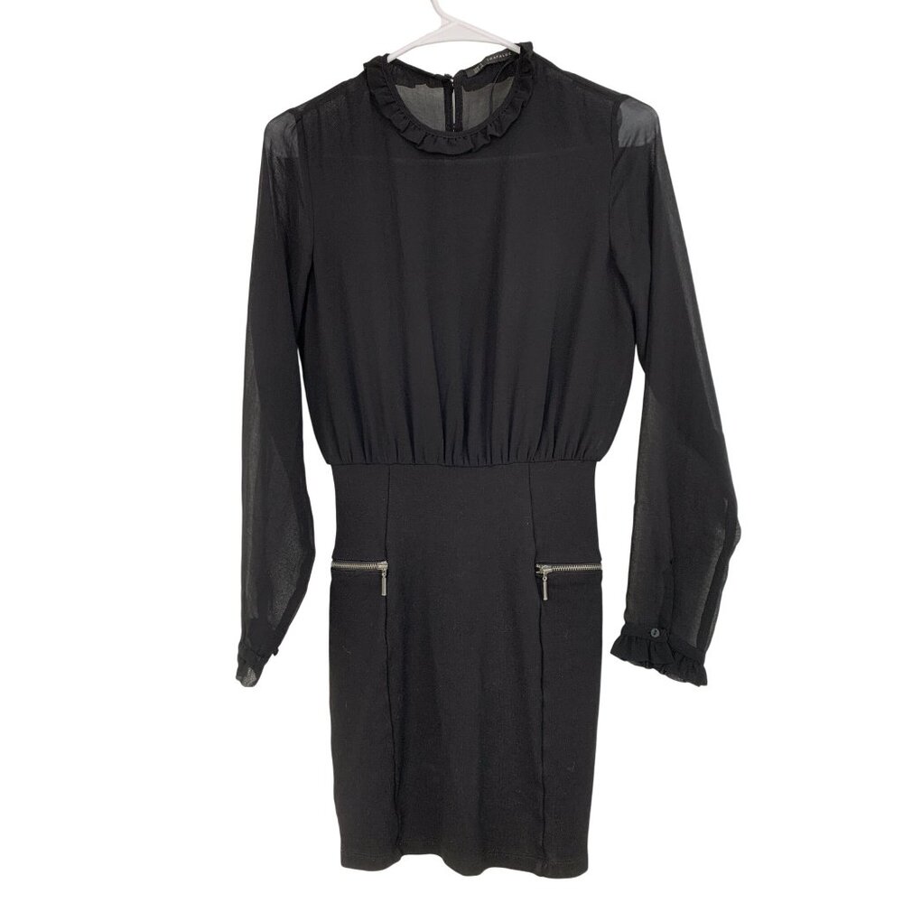 Trafaluc Zara Black Chiffon & Knit Dress Mini Ruffle Neck & Cuffs Sz S RY10374